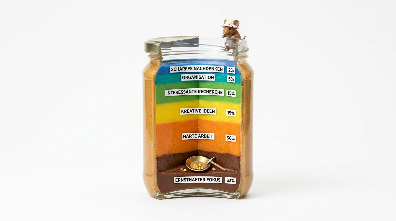 Ein Glas voll geschichteter, bunter Massen mit deutschen Text-Labels, Maus und Goldpfanne