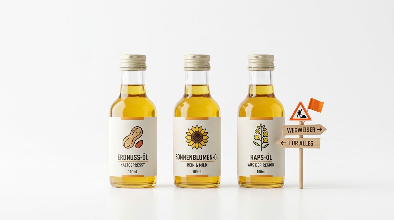 Drei kleine Ölflaschen mit unterschiedlichen Etiketten und ein hölzerner Wegweiser daneben