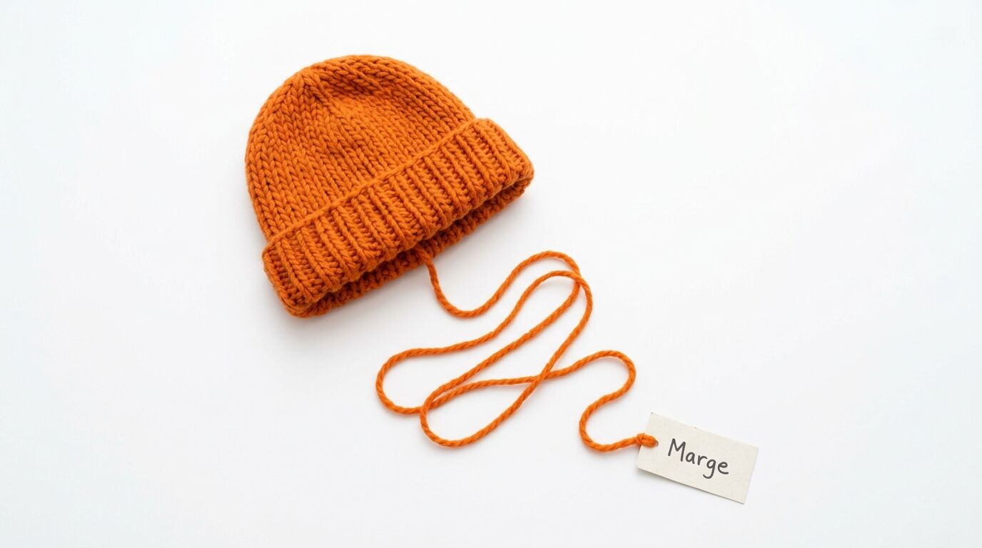 Orangefarbene Strickmütze mit anhängendem Garn und Namensschild „Marge“ auf weiß
