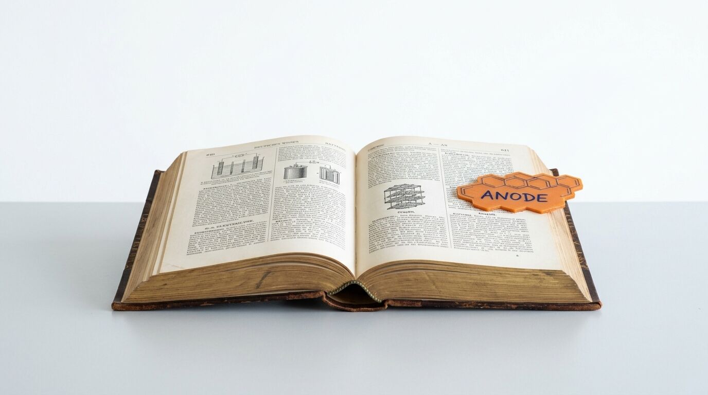 Geöffnetes altes Fachbuch mit Skizzen und orangefarbenem Anode-Schild auf rechtem Blatt