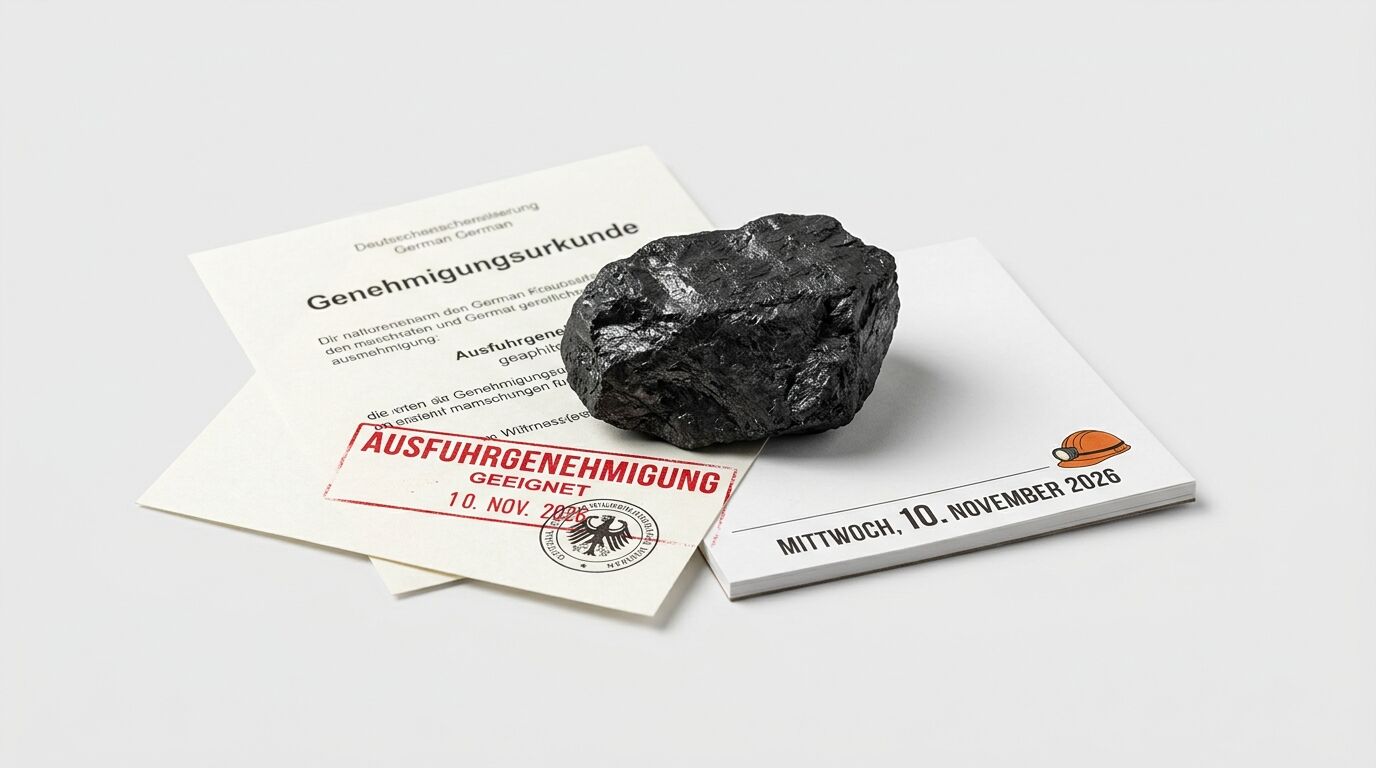 Steinkohlebrocken liegt auf Ausfuhrgenehmigungsurkunden und Kalender für den 10. Nov 2026