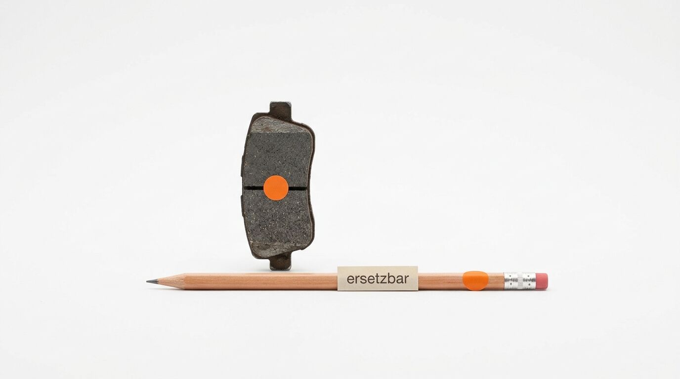 Ein Bremsbelag und ein Bleistift mit dem Wort „ersetzbar“ sind auf weißem Hintergrund zu sehen