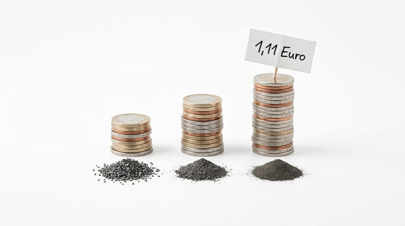 Drei Münzstapel, steigende Höhe, Pulver davor, Preisschild