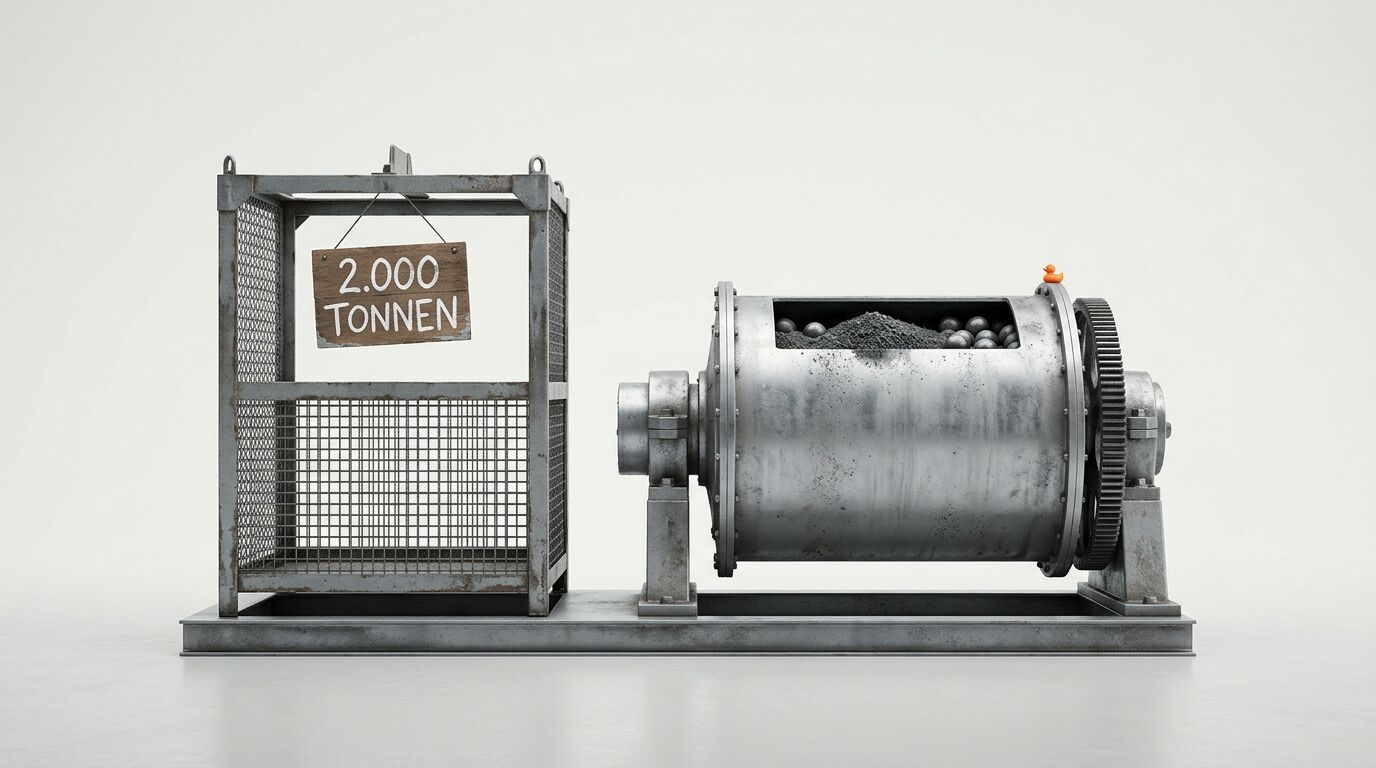Industrielle Mühle und Gitterkorb mit Schild, darauf eine Quietscheente
