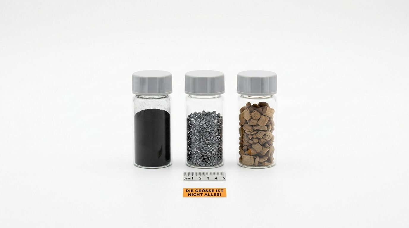 Drei Glasfläschchen mit schwarzem Pulver, grauem Granulat und Holzhäckseln, daneben ein Maßband