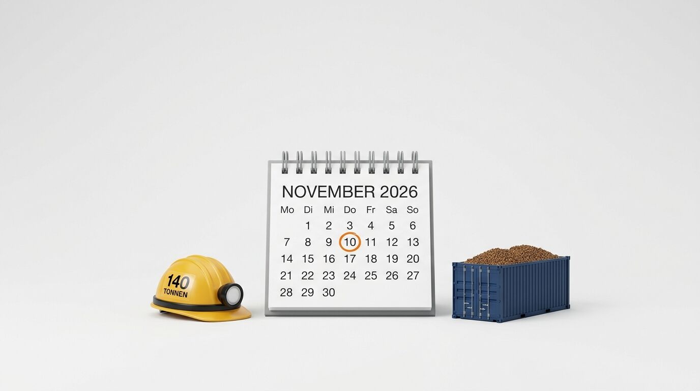 Kalender November 2026, Bauhelm mit 140 TONNEN und Container mit Schüttgut