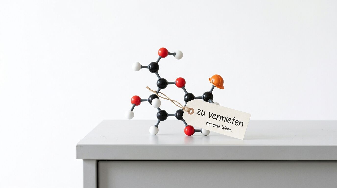 Molekülmodell mit Helm und Anhänger „zu vermieten“ auf grauem Schrank vor weißem Hintergrund