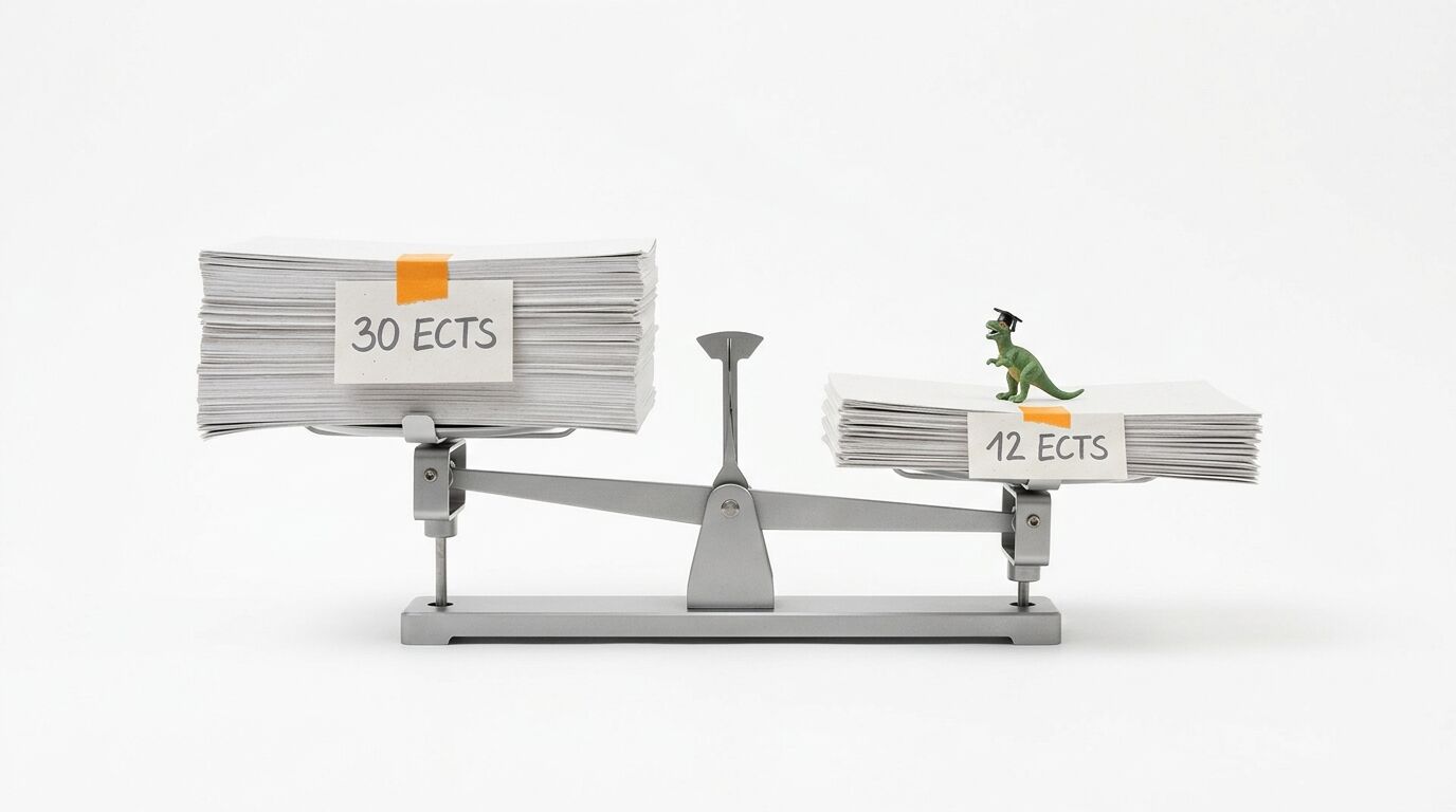 Waage vergleicht einen Stapel Papier (30 ECTS) mit weniger Papier und Dino (12 ECTS)
