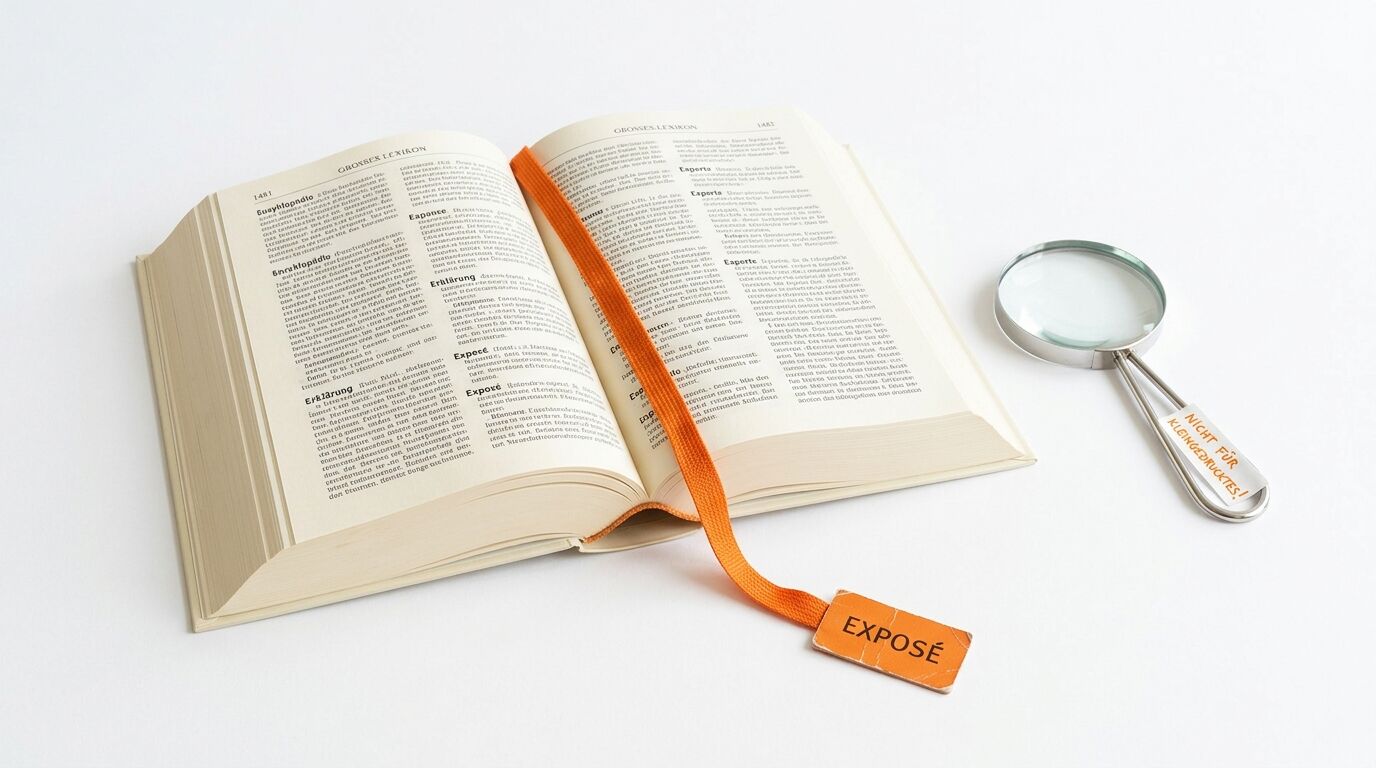 Aufgeschlagenes Buch, orangefarbenes Lesezeichen mit „Exposé“ und Lupe auf weißem Grund