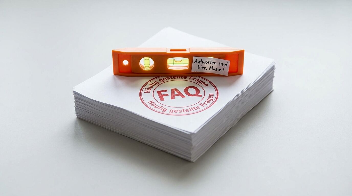 Eine Wasserwaage und ein FAQ-Stempel liegen auf einem Papierstapel