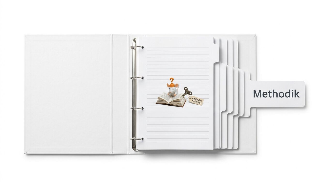Offener Ringordner mit Register und Grafik einer Maus mit Buch und Fragezeichen sowie Registerzettel Methodik