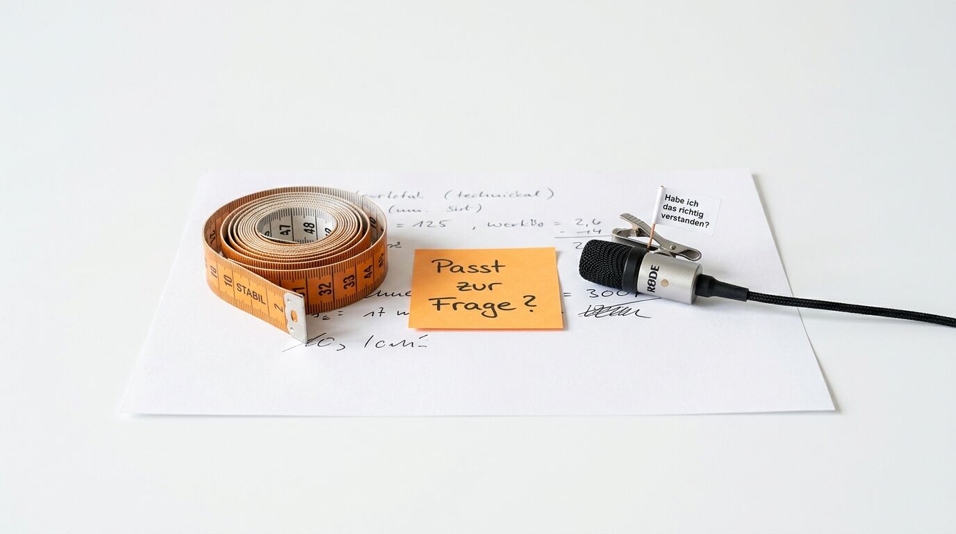 Ein Maßband, ein Haftnotizzettel und ein Lavalier-Mikrofon auf einem Blatt Papier