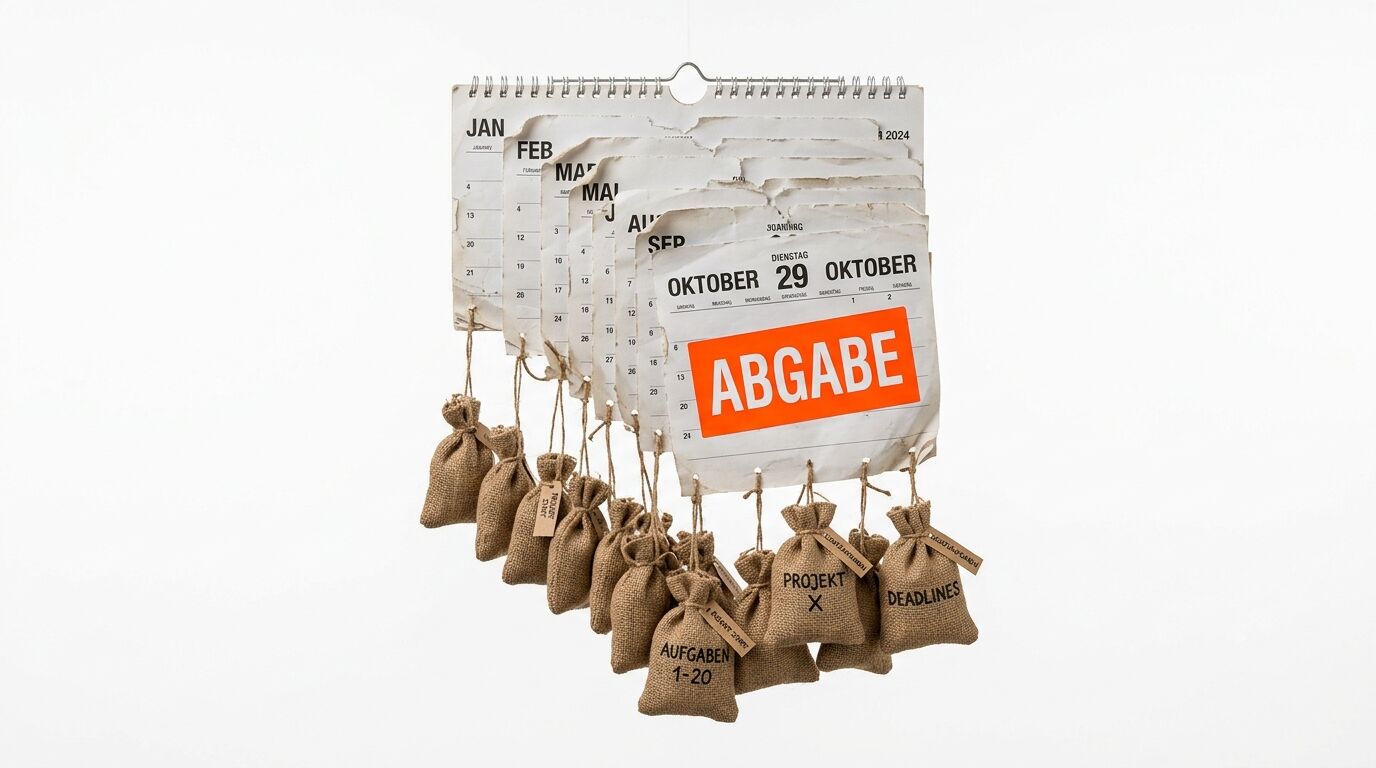 Ein Spiralblock-Kalender, von dem beschriftete Jutesäcke an Schnüren hängen