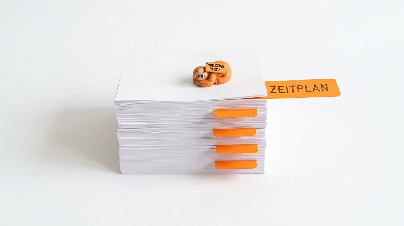 Ein Papierstapel mit orangefarbenen Trennblättern und einem Faultier mit einem Schild