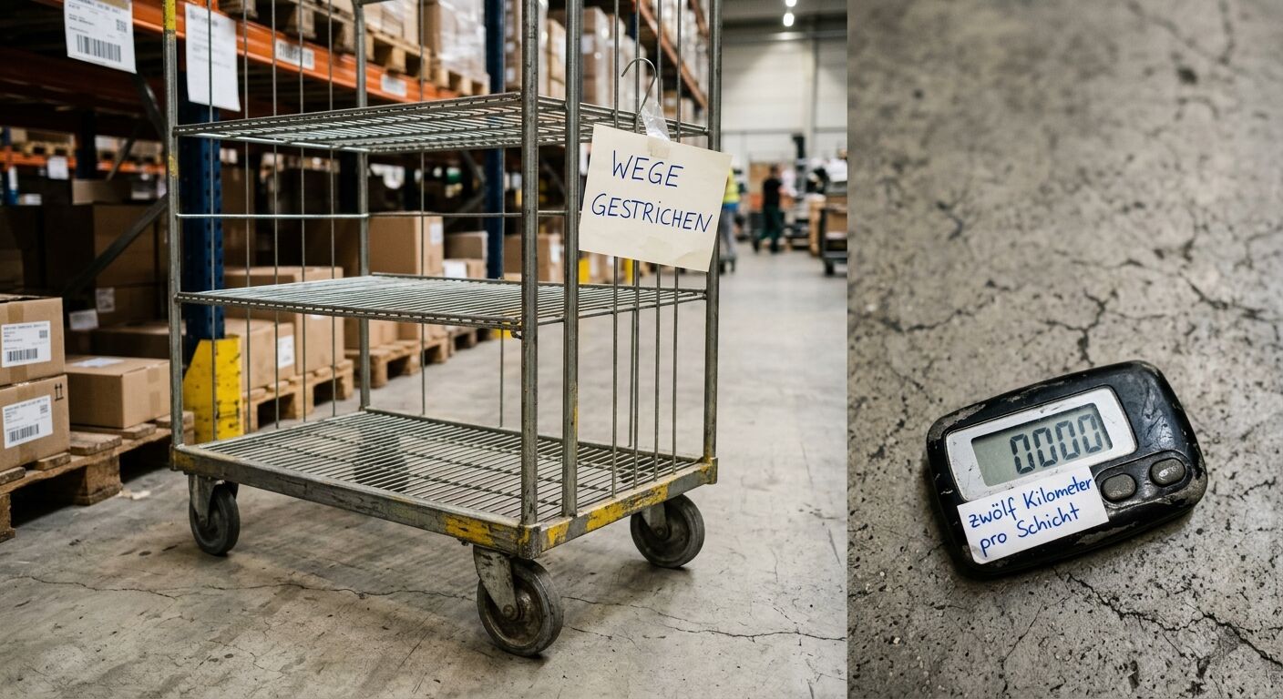 Logistik-Rollwagen mit Schild und Schrittzähler auf Industrieboden mit handschriftlicher Notiz