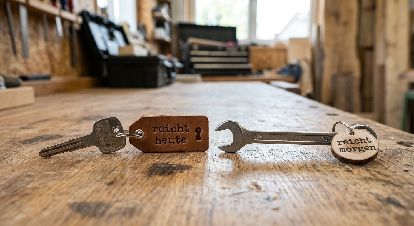 Ein Schlüssel und ein Gabelschlüssel mit Anhängern und Text darauf liegen auf Holz