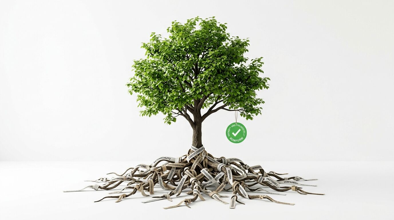 Baum mit Blättern und beschrifteten Wurzeln, dazu ein grüner Konformitäts-Anhänger