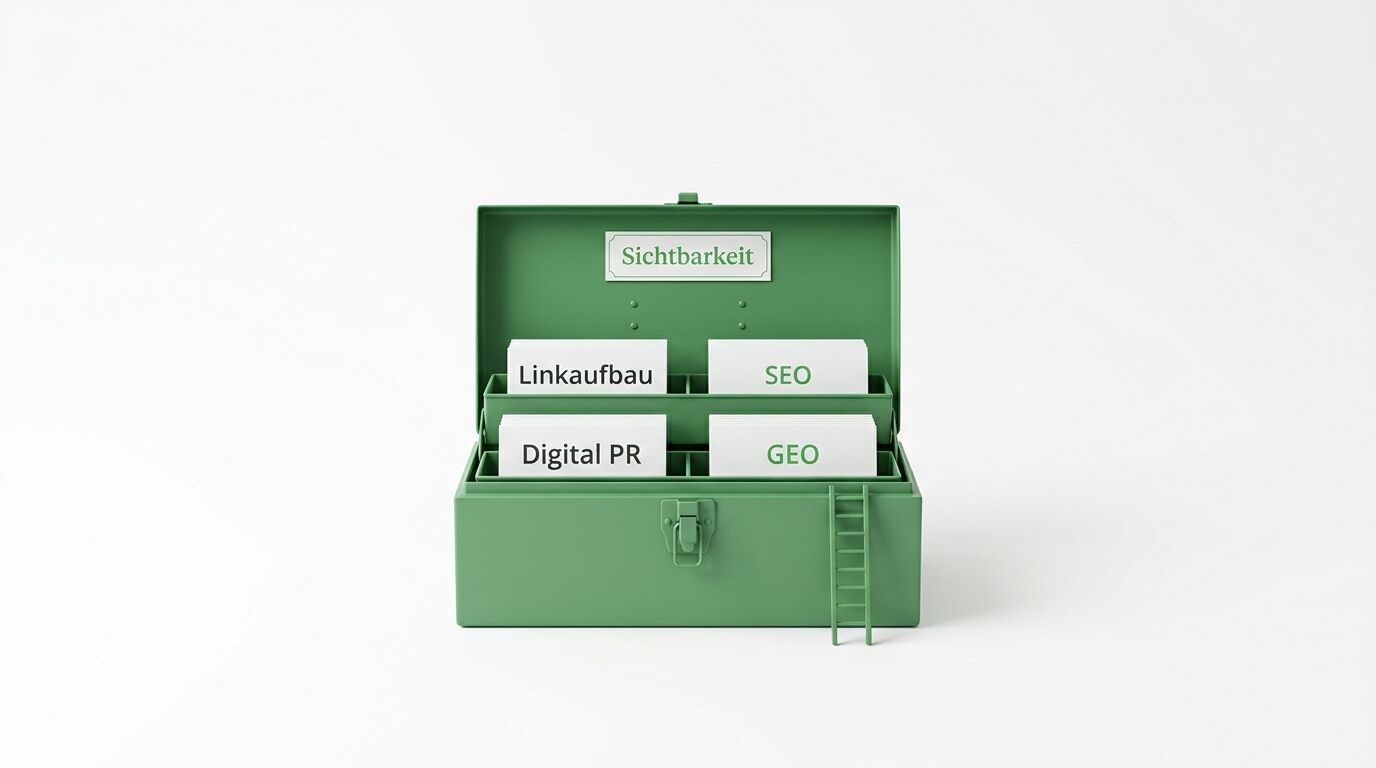 Grüner Werkzeugkasten mit Karten zu SEO-Strategien wie Linkaufbau und Digital PR