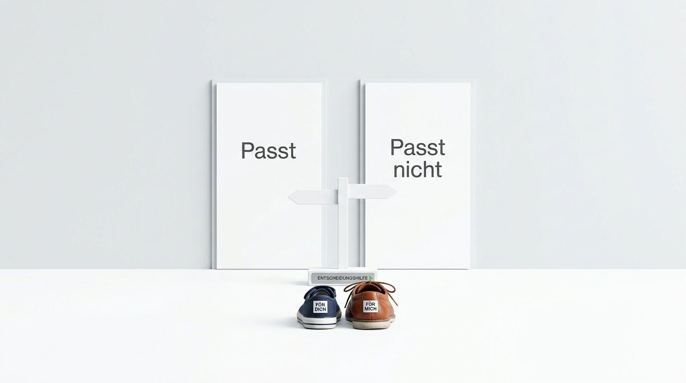 Ein Sneaker, ein Lederschuh, ein Wegweiser, Schilder mit „Passt“ und „Passt nicht“