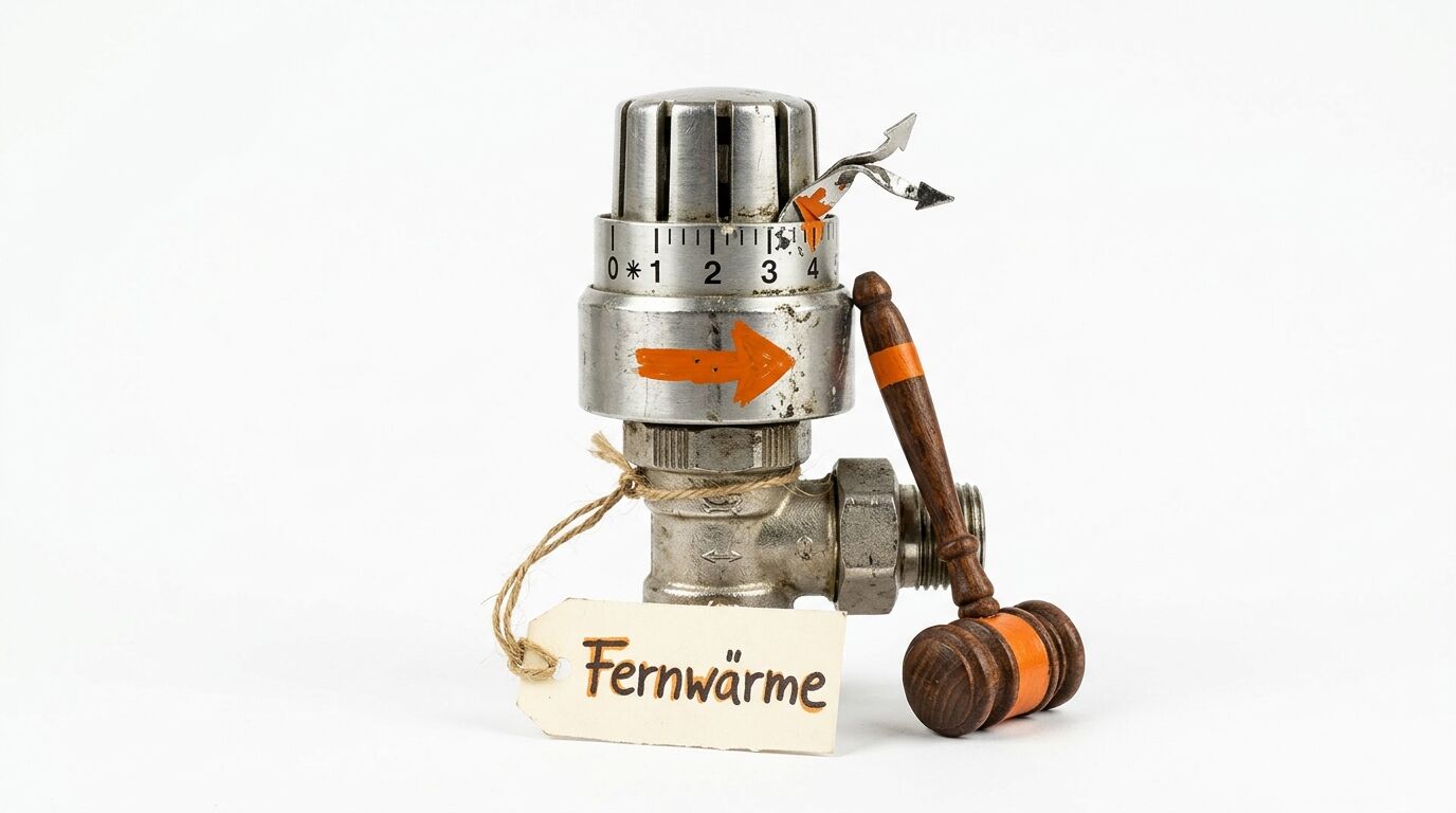 Heizkörperthermostat mit Fernwärme-Schild und Gerichtshammer