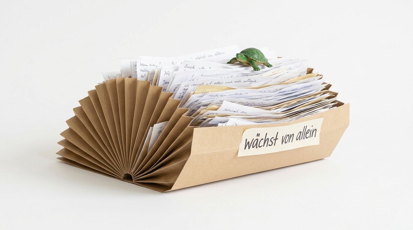 Fächermappe mit Papieren, Aufschrift „wächst von allein“ und Schildkrötenfigur