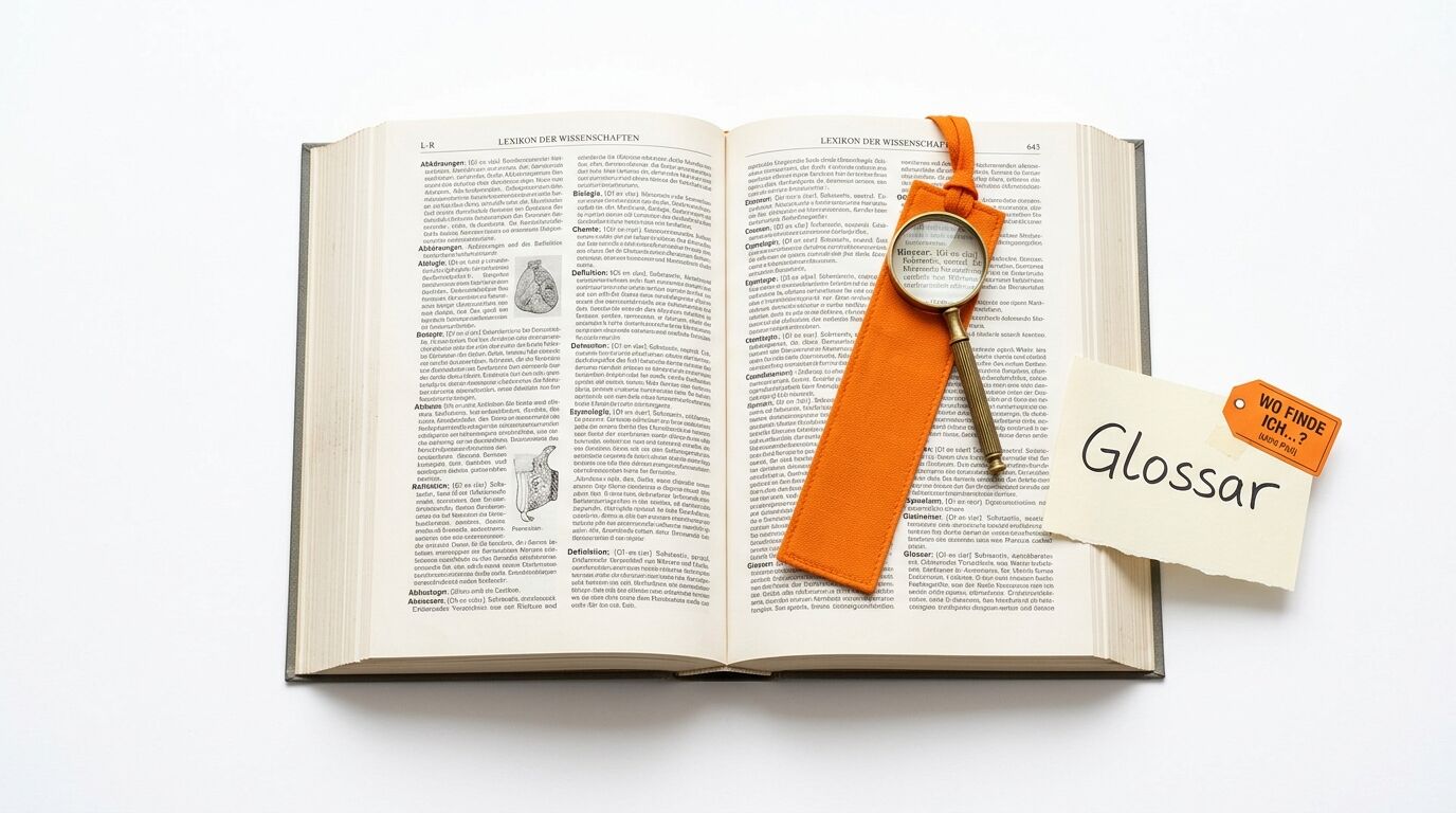 Geöffnetes Lexikon mit Lesezeichen, Lupe und einem Zettel mit der Aufschrift Glossar