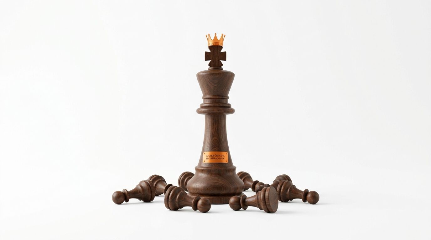 Dunkle Holz-Schachkönig-Figur mit Goldkrone steht über liegenden Bauern auf weiß