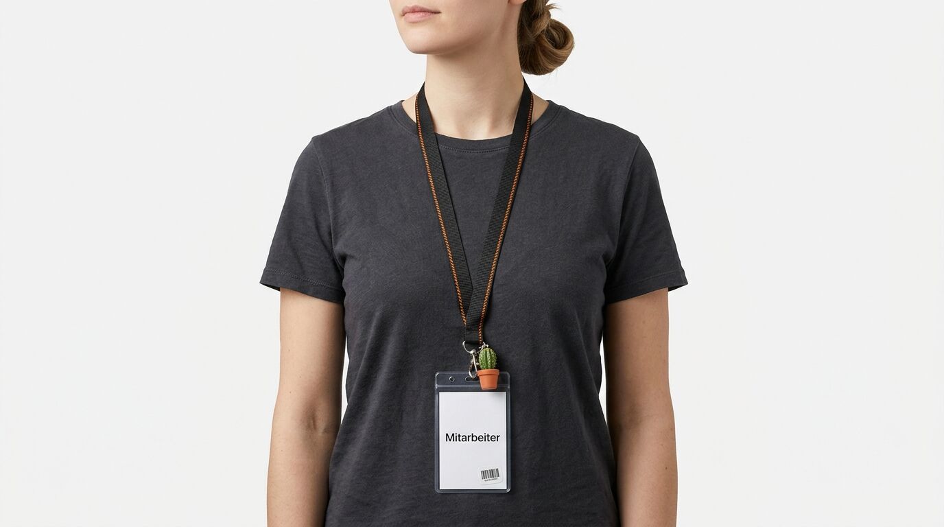 Frau mit grauem T-Shirt trägt Ausweis in Klarsichthülle an Kaktusanhänger-Lanyard
