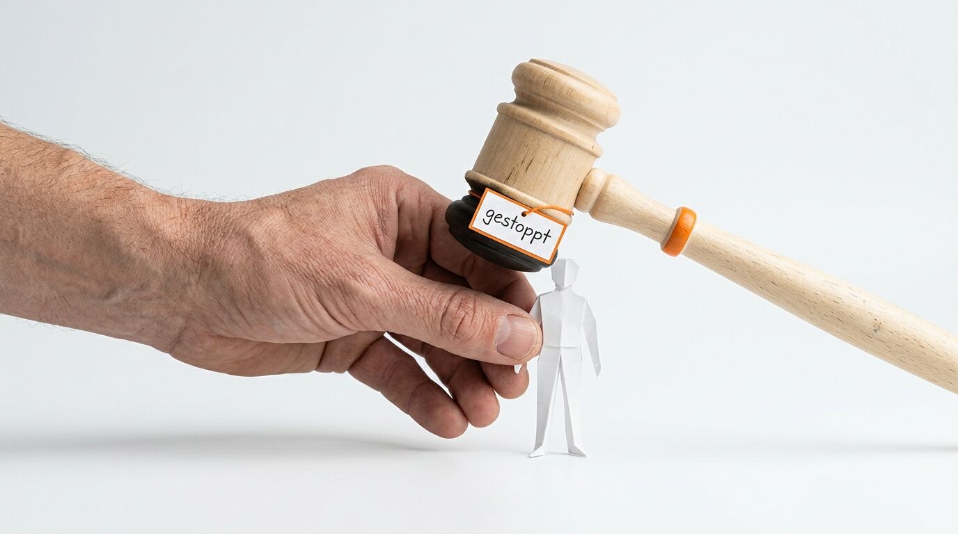 Ein Holzhammer mit dem Label „gestoppt“ hält eine Papierfigur auf, eine Hand stützt sie