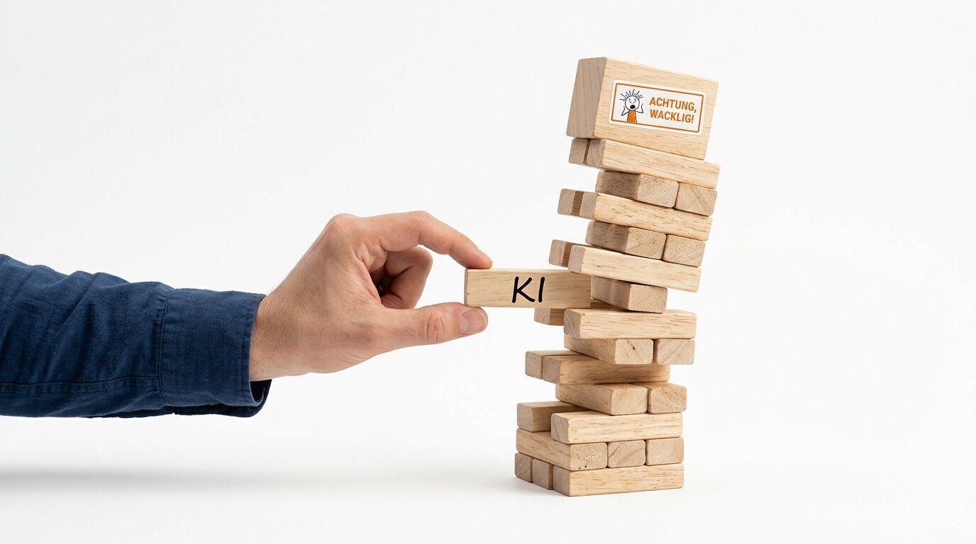 Eine Hand schiebt einen Holzstein mit der Aufschrift „KI“ in einen wackeligen Turm