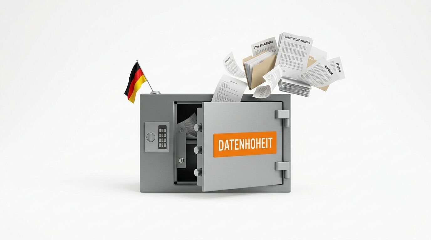 Ein Tresor mit deutscher Flagge und Dokumenten, darauf ein Schild mit