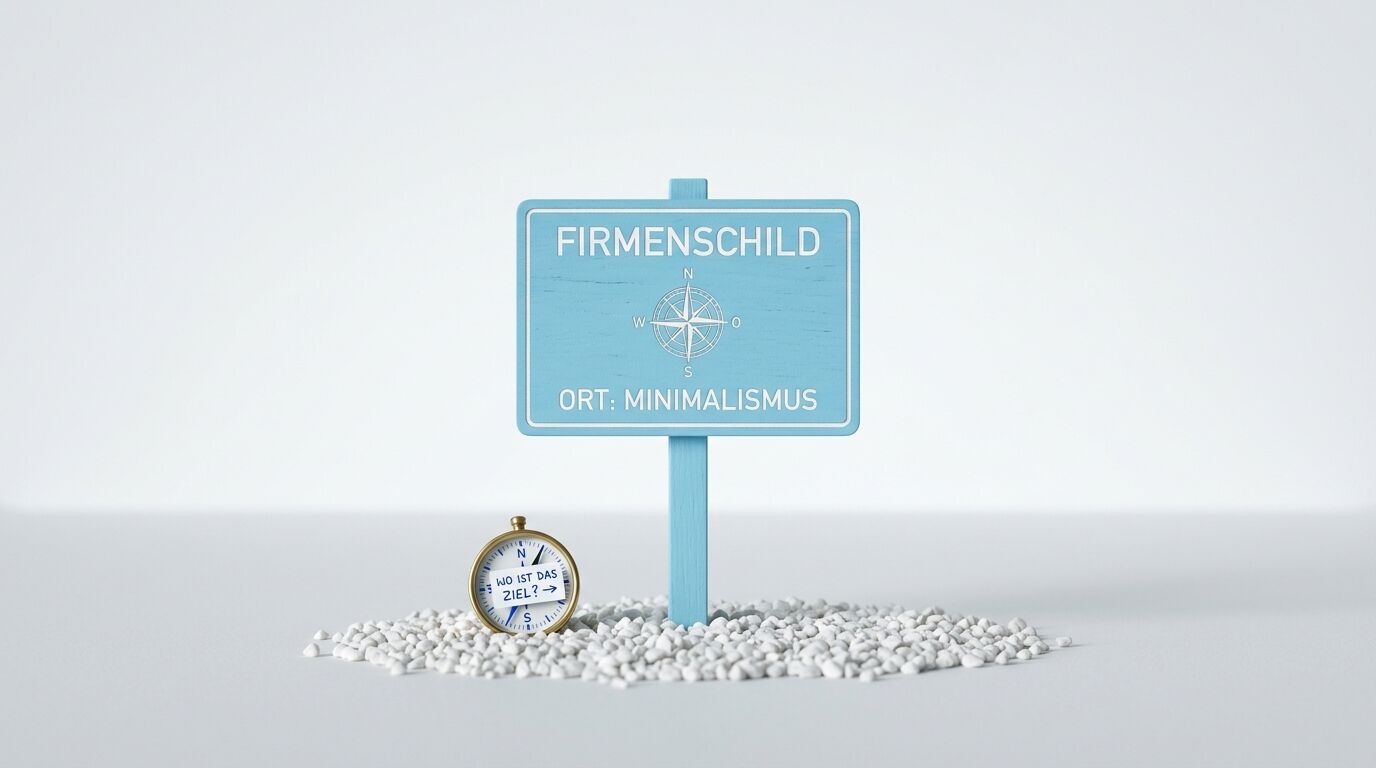 Blaues Schild mit Text und Kompassgrafik sowie Kompass auf Kies auf grauem Grund