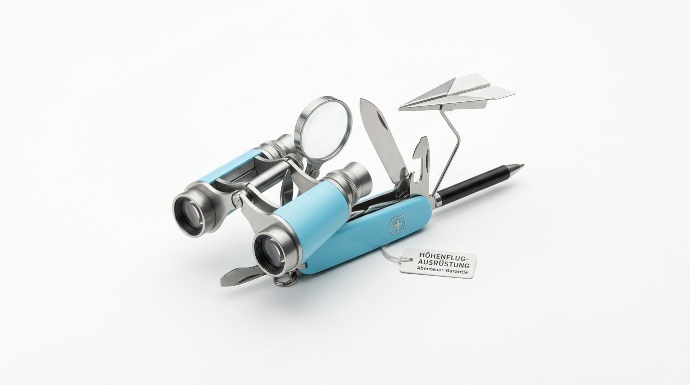 Aufgeklapptes hellblaues Schweizer Taschenmesser als Fernglas mit Papierflieger, Lupe, Stift