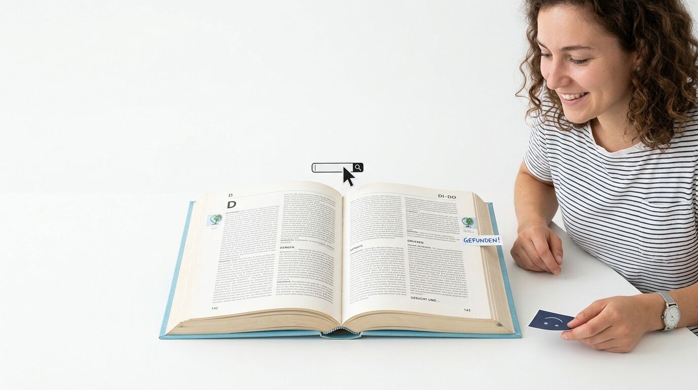 Frau liest Buch, über dem Suchmaske und Cursor sind; sie hat