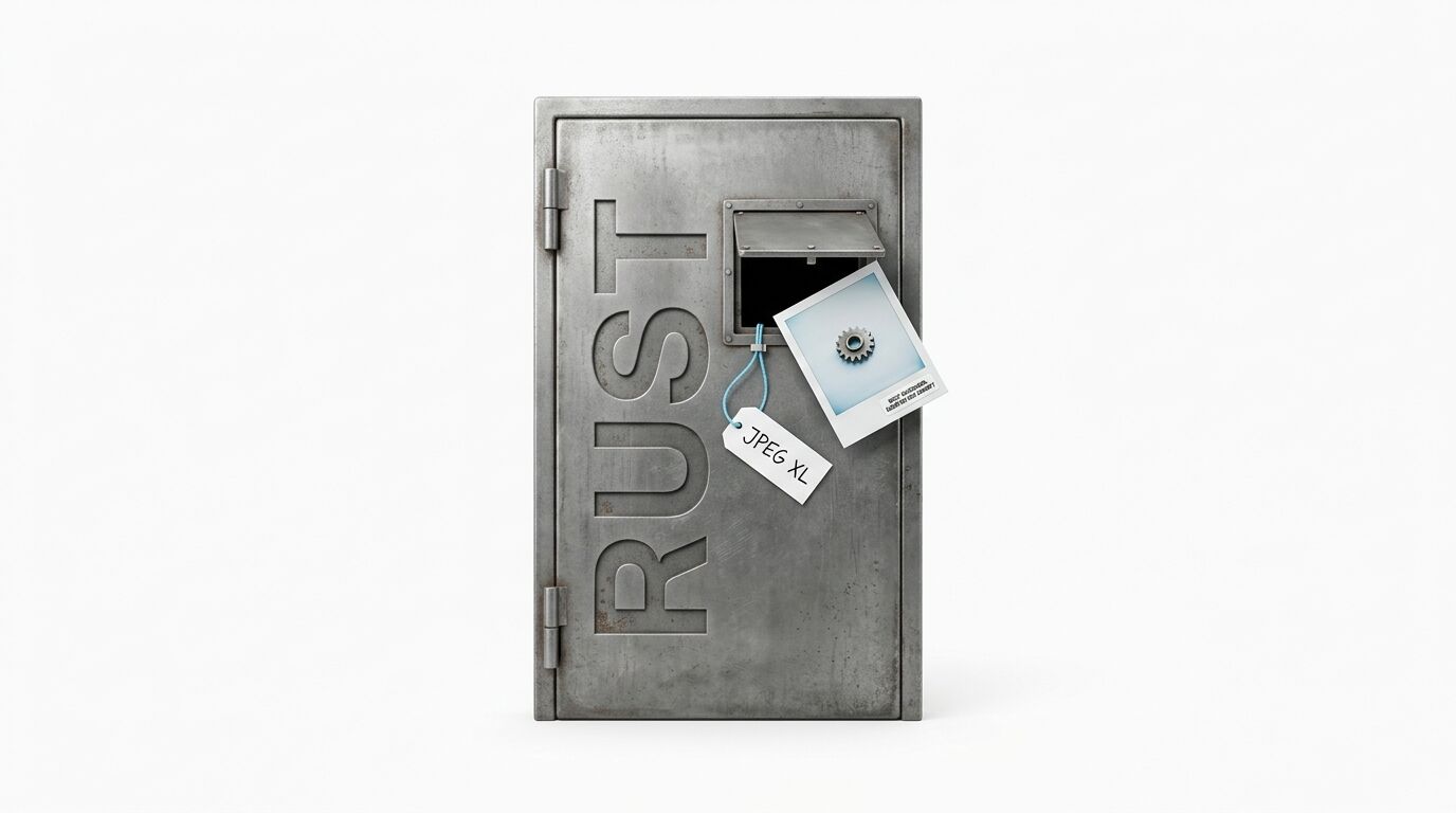 Metalltür mit Einwurfschlitz, „JPEG XL“-Anhänger, Polaroid und dem Schriftzug „RUST“