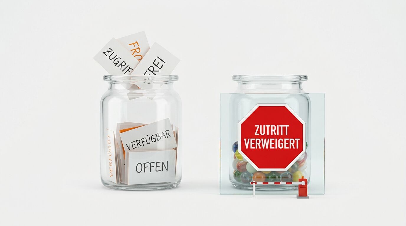Zwei Gläser: Eines offen mit Kärtchen, eines verschlossen mit Murmeln und Sperrschild