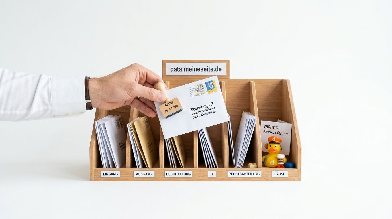 Hand stempelt Post in Holzsortierer mit beschrifteten Fächern und einer Ente