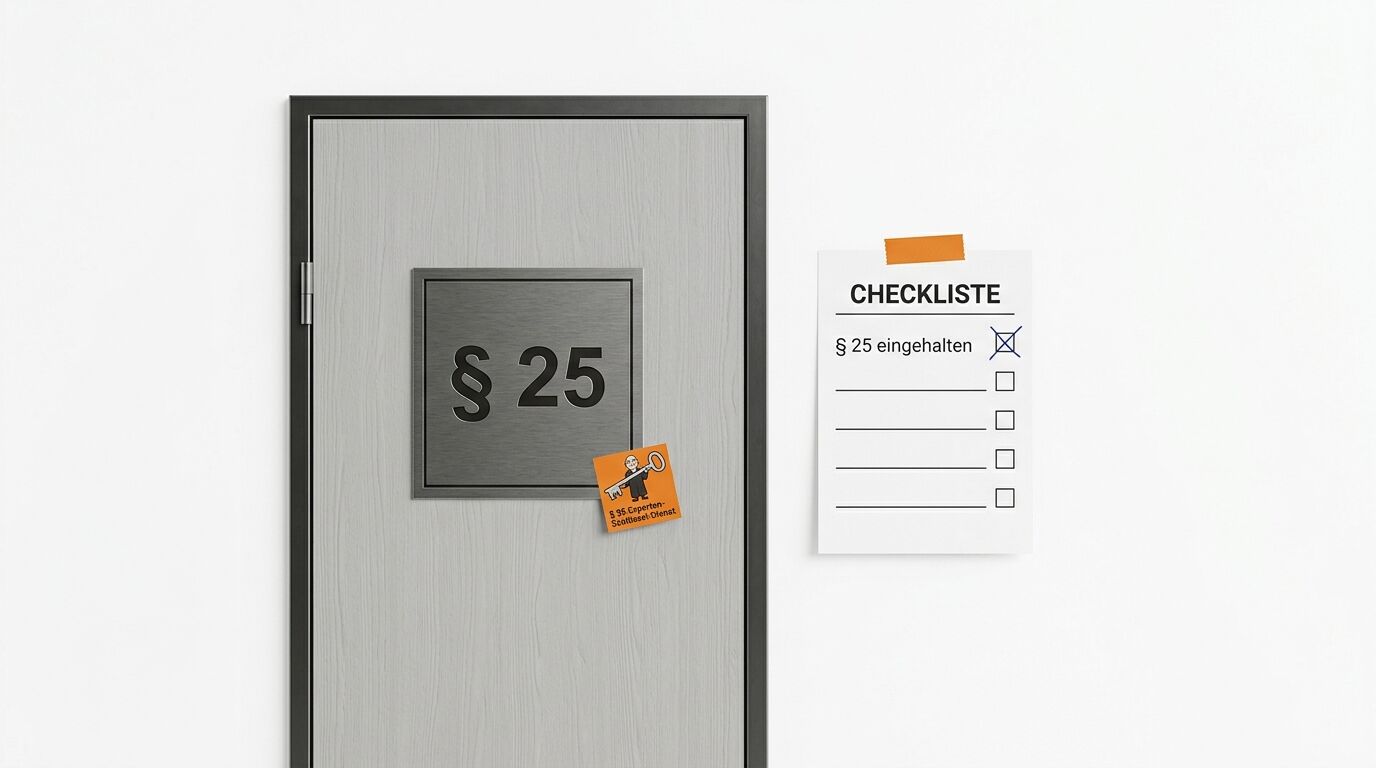 Tür mit „§ 25“-Schild, daneben Checkliste mit abgehaktem Punkt „§ 25 eingehalten“