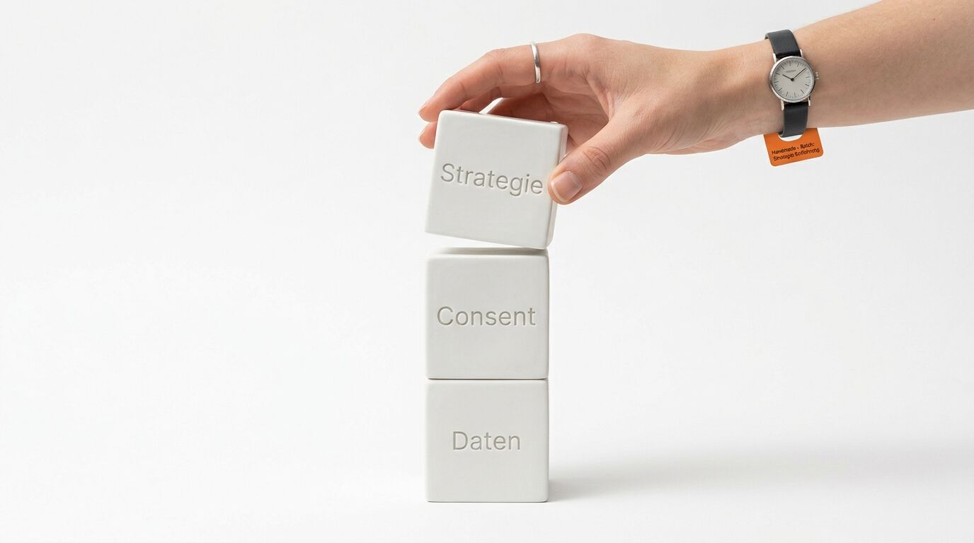 Hand mit Uhr stapelt weiße Würfel (Strategie, Consent, Daten) auf weißem Grund