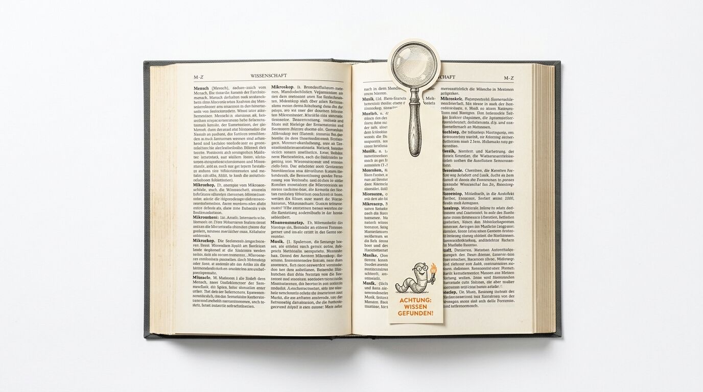 Geöffnetes Buch mit Lupe, Bücherwurm und Text „ACHTUNG: WISSEN GEFUNDEN!“