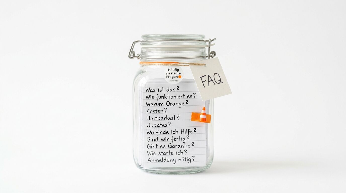Gläsernes Einmachglas mit Fragenliste und FAQ-Schild auf weißem Hintergrund