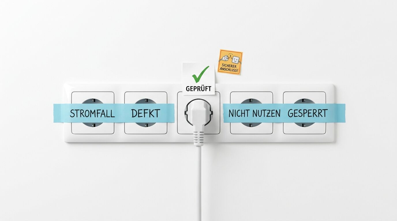 Mehrfachsteckdose mit abgeklebten defekten Buchsen und einer geprüften Buchse mit Stecker