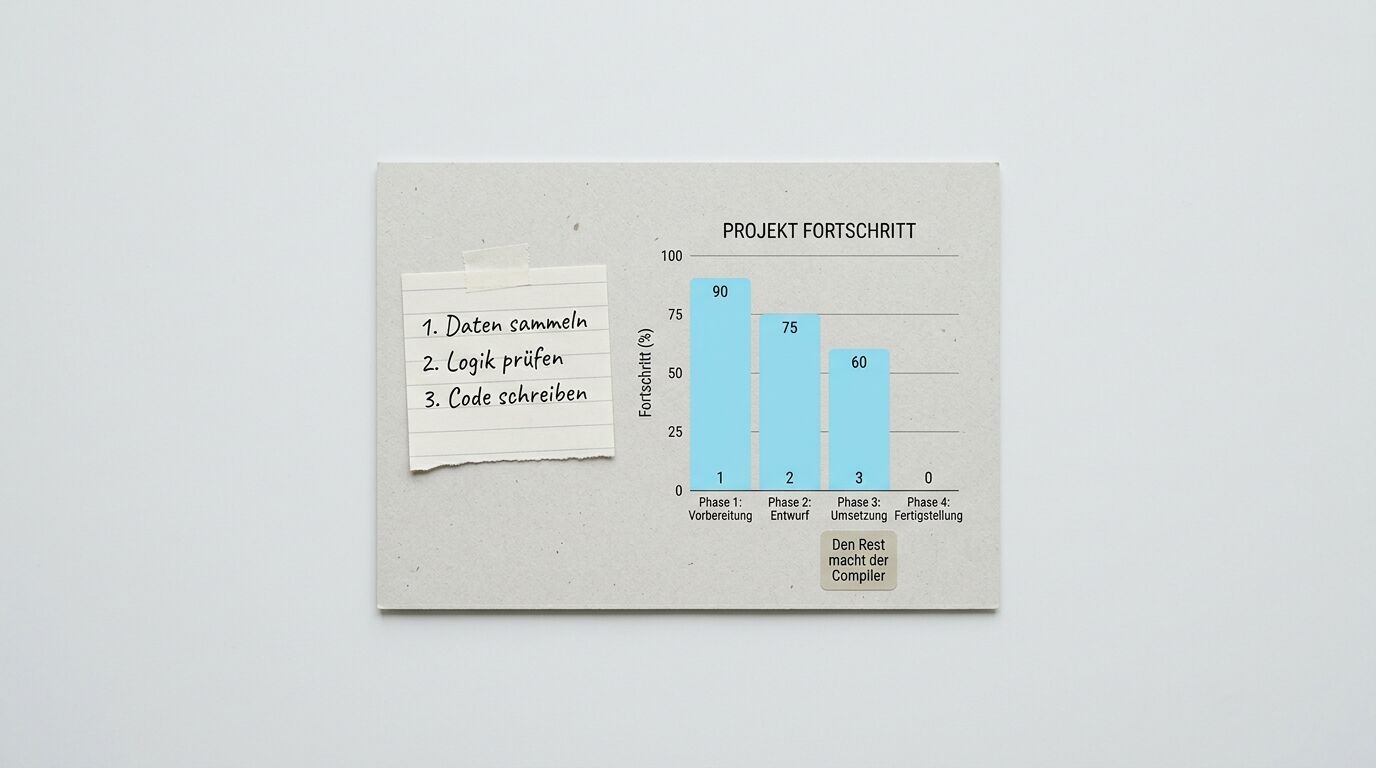 Kartonplatte mit Balkendiagramm zum Projektfortschritt und einem Notizzettel daneben