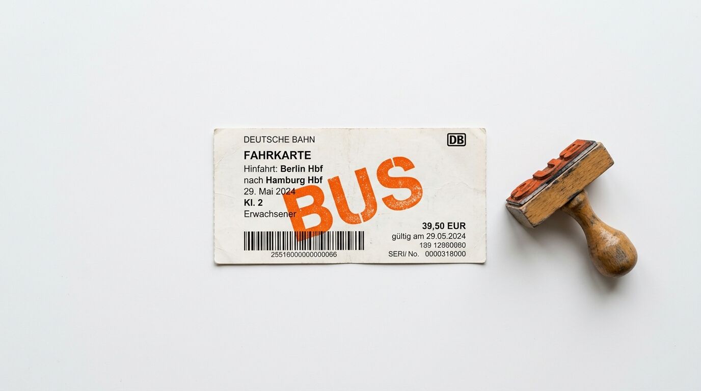 Eine DB Fahrkarte mit orangefarbenem „BUS“-Stempel liegt neben einem Holzstempel auf Weiß