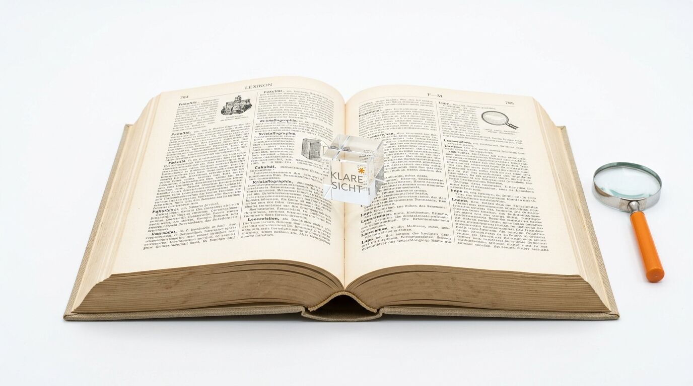 Lexikon mit Lupe und Glaswürfel mit Text „KLARE SICHT“ auf weißem Hintergrund
