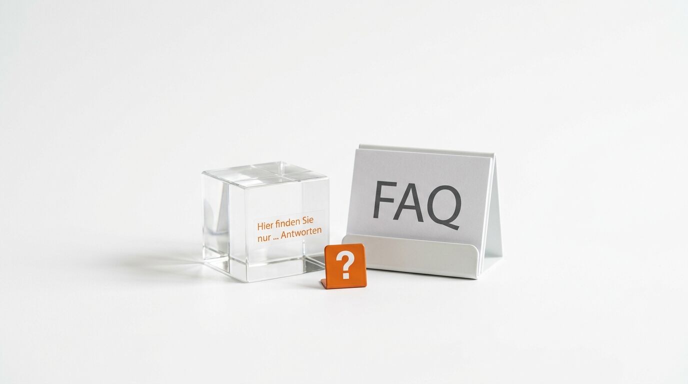 Glaswürfel mit Text, orangefarbenes Fragezeichen und „FAQ“-Aufsteller auf weißem Grund