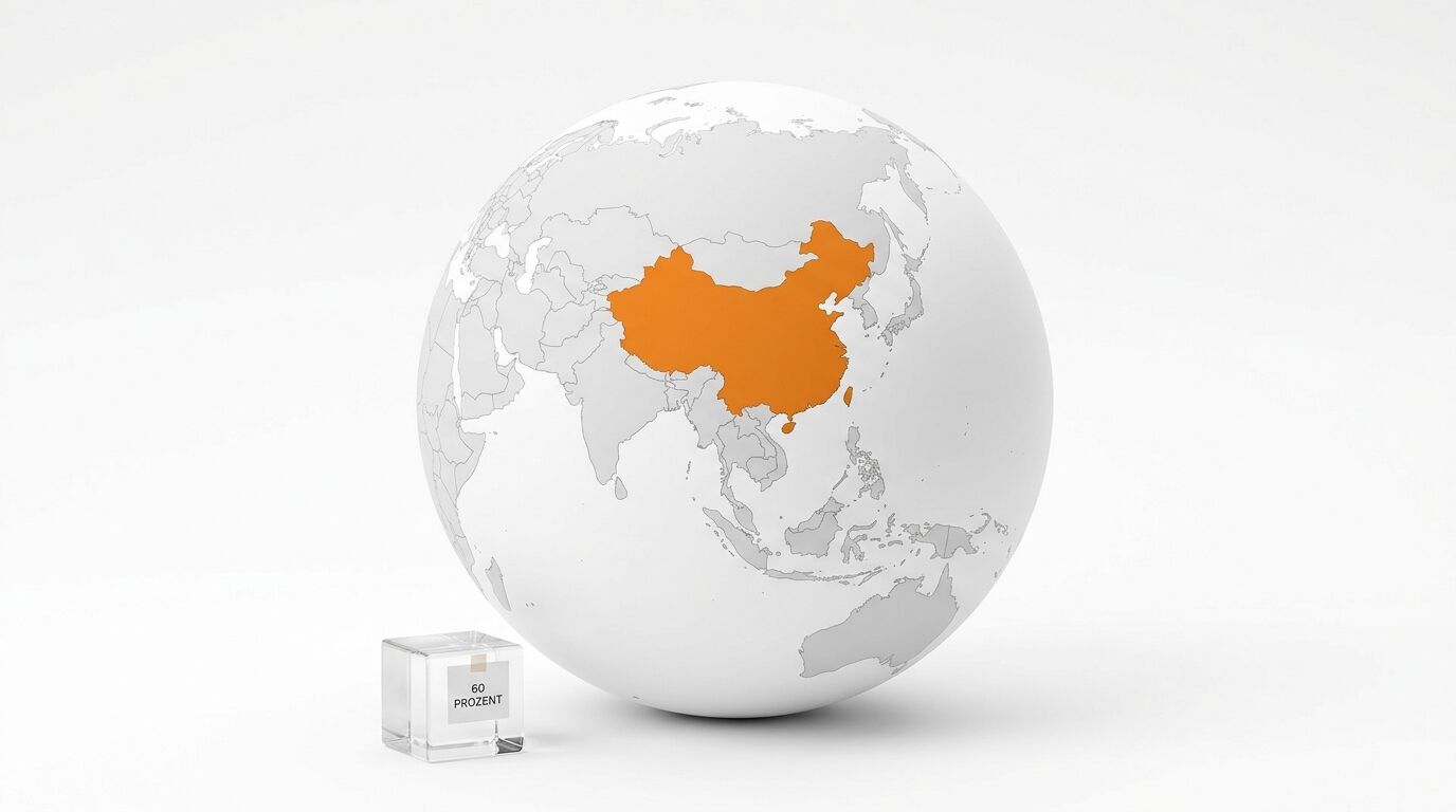 Ein Globus mit orangefarbenem China und ein Würfel mit „60 PROZENT“ auf weißem Grund
