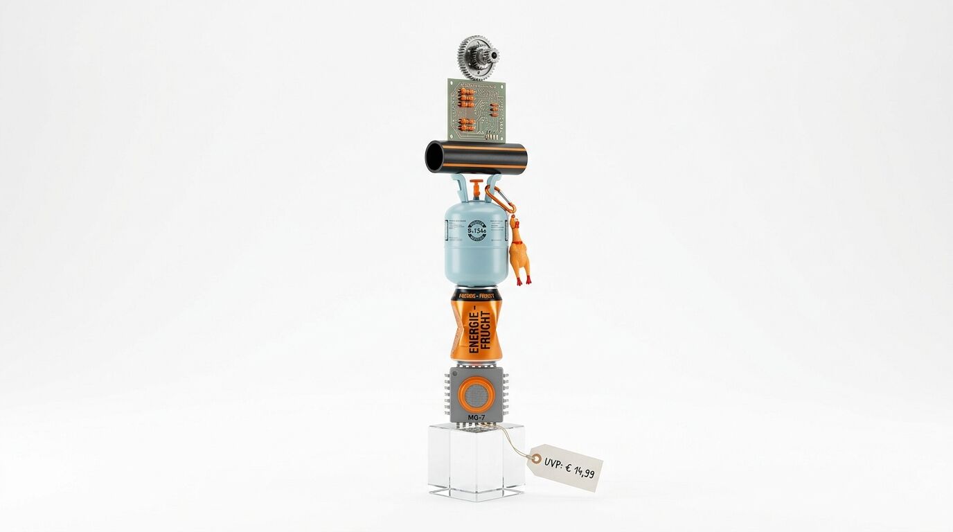 Skulptur aus Alltagsgegenständen, Elektronik und Flasche auf Acrylwürfel mit Preisschild