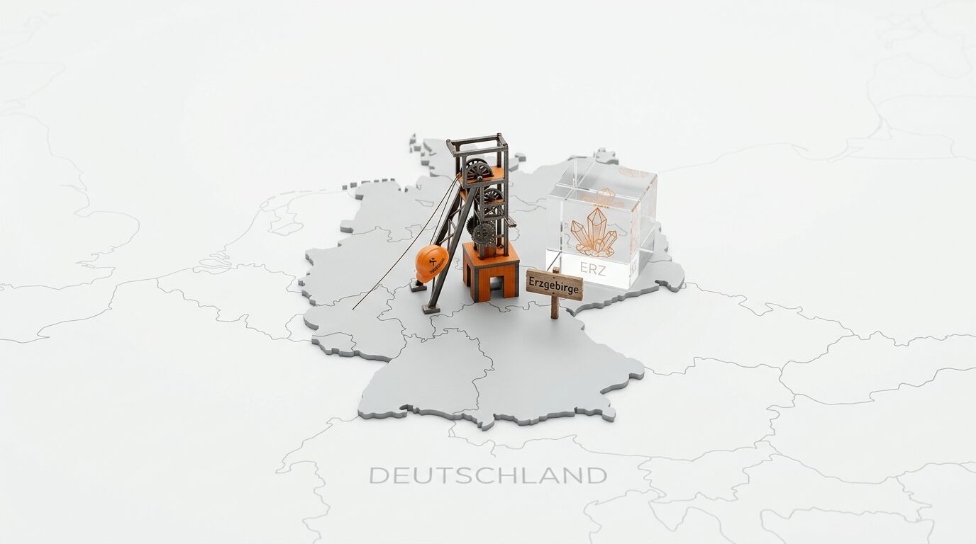 Förderturmmodell und Kristallwürfel auf einer 3D-Karte von Deutschland