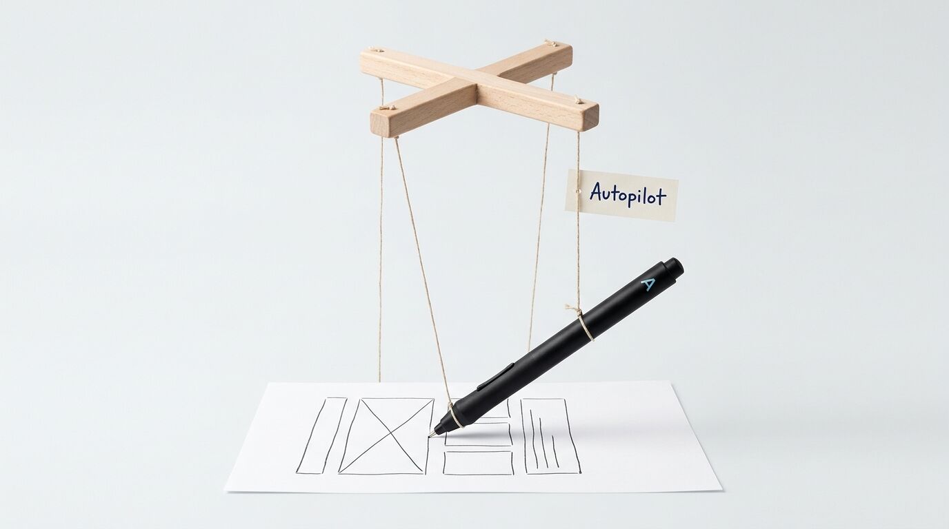Marionettenkreuz führt einen Stift auf einem Wireframe-Papier, mit „Autopilot“-Schild